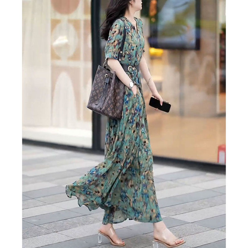 Nova Ljeto 2024. Ženska elegantna spojena duga haljina s V-izrezom s otisnutim rukavima i kratkim rukavima, modna uska šik prikladna duga haljina za odmor