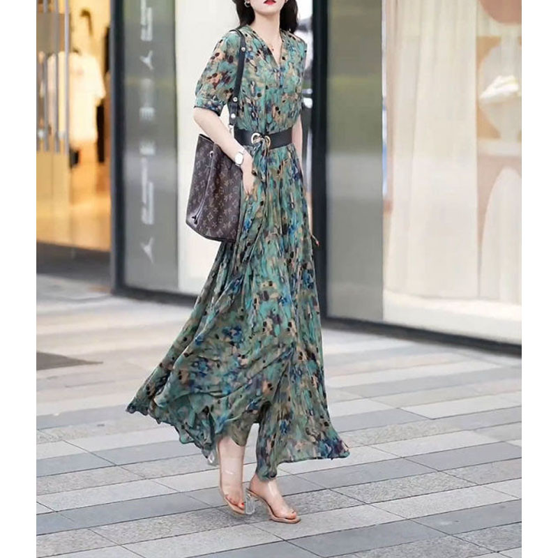 Nova Ljeto 2024. Ženska elegantna spojena duga haljina s V-izrezom s otisnutim rukavima i kratkim rukavima, modna uska šik prikladna duga haljina za odmor