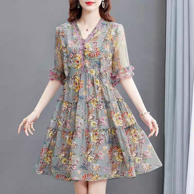 Κομψό φλοράλ φόρεμα με λαιμόκοψη με δαντέλα με πεταλούδα Γυναικεία ρούχα 2024 Νέο φαρδύ Γυναικείο Γυναικείο Φόρεμα
