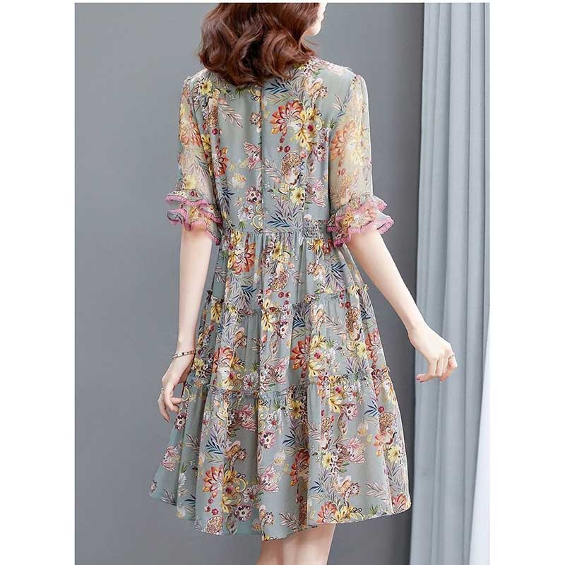 Κομψό φλοράλ φόρεμα με λαιμόκοψη με δαντέλα με πεταλούδα Γυναικεία ρούχα 2024 Νέο φαρδύ Γυναικείο Γυναικείο Φόρεμα