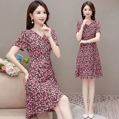 Κοντομάνικα φορέματα σιφόν 2024 Καλοκαιρινή μόδα Γυναικεία ελαστική μέση με πλισέ casual φόρεμα Γυναικεία φορέματα σε γραμμή Α Vestidos