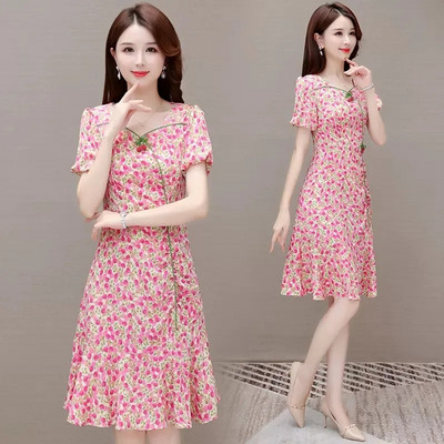 Κοντομάνικα φορέματα σιφόν 2024 Καλοκαιρινή μόδα Γυναικεία ελαστική μέση με πλισέ casual φόρεμα Γυναικεία φορέματα σε γραμμή Α Vestidos