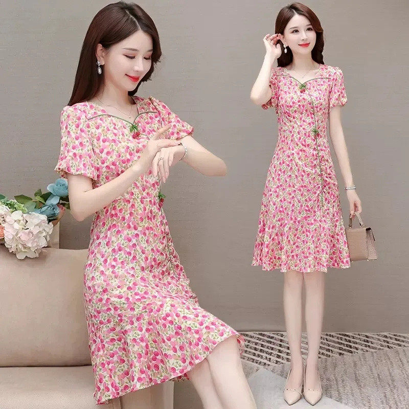 Κοντομάνικα φορέματα σιφόν 2024 Καλοκαιρινή μόδα Γυναικεία ελαστική μέση με πλισέ casual φόρεμα Γυναικεία φορέματα σε γραμμή Α Vestidos