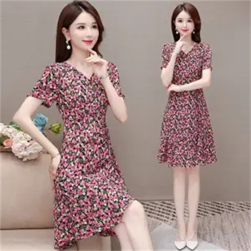 Κοντομάνικα φορέματα σιφόν 2024 Καλοκαιρινή μόδα Γυναικεία ελαστική μέση με πλισέ casual φόρεμα Γυναικεία φορέματα σε γραμμή Α Vestidos