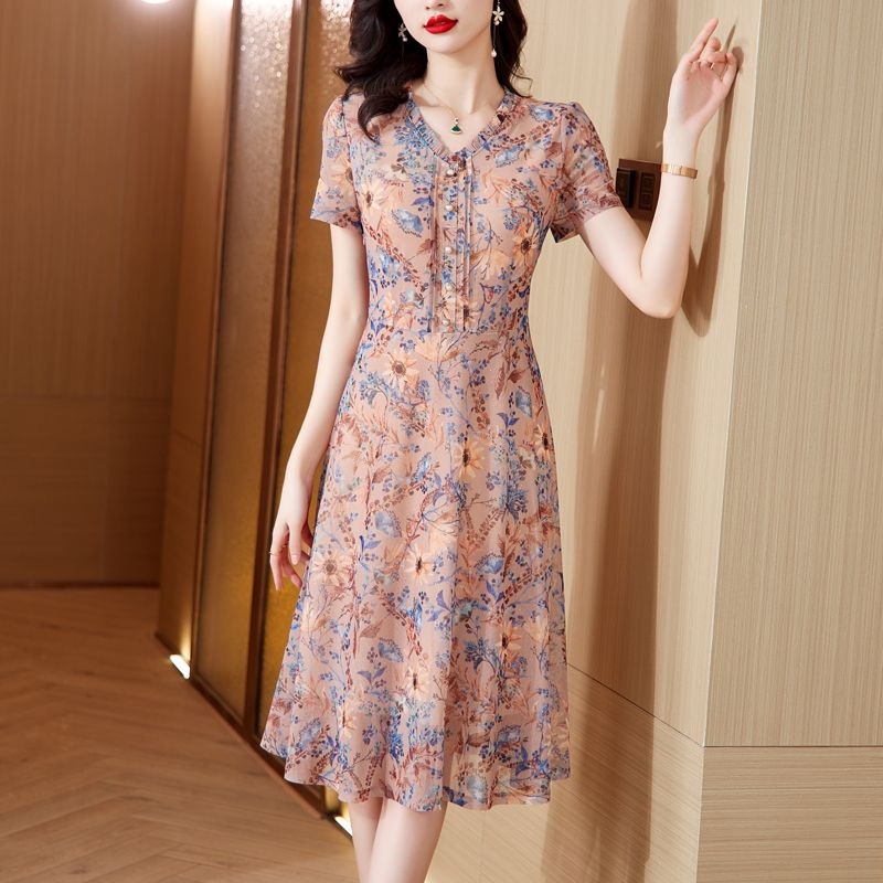 Γυναικεία Ρούχα Κομψά σπασμένα λουλούδια Φόρεμα μίντι Κομψό με λαιμόκοψη V με κουμπιά με κουμπιά, καλοκαιρινά κοντομάνικα φορέματα μέσης σε γραμμή Α