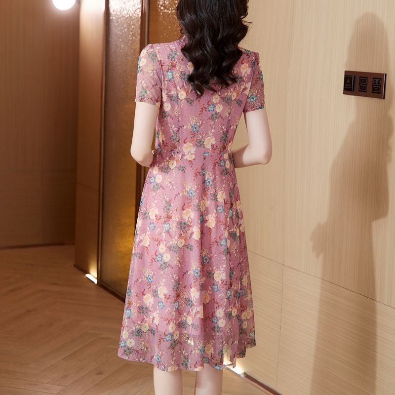 Γυναικεία Ρούχα Κομψά σπασμένα λουλούδια Φόρεμα μίντι Κομψό με λαιμόκοψη V με κουμπιά με κουμπιά, καλοκαιρινά κοντομάνικα φορέματα μέσης σε γραμμή Α