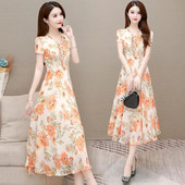 Καλοκαιρινό μακρύ φόρεμα σιφόν 2024 Casual Floral φόρεμα πάρτι Κομψά νεράιδα φορέματα με κοντό μανίκι για γυναίκες Γλυκά ρούχα