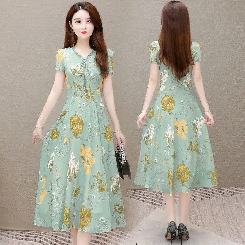 Καλοκαιρινό μακρύ φόρεμα σιφόν 2024 Casual Floral φόρεμα πάρτι Κομψά νεράιδα φορέματα με κοντό μανίκι για γυναίκες Γλυκά ρούχα