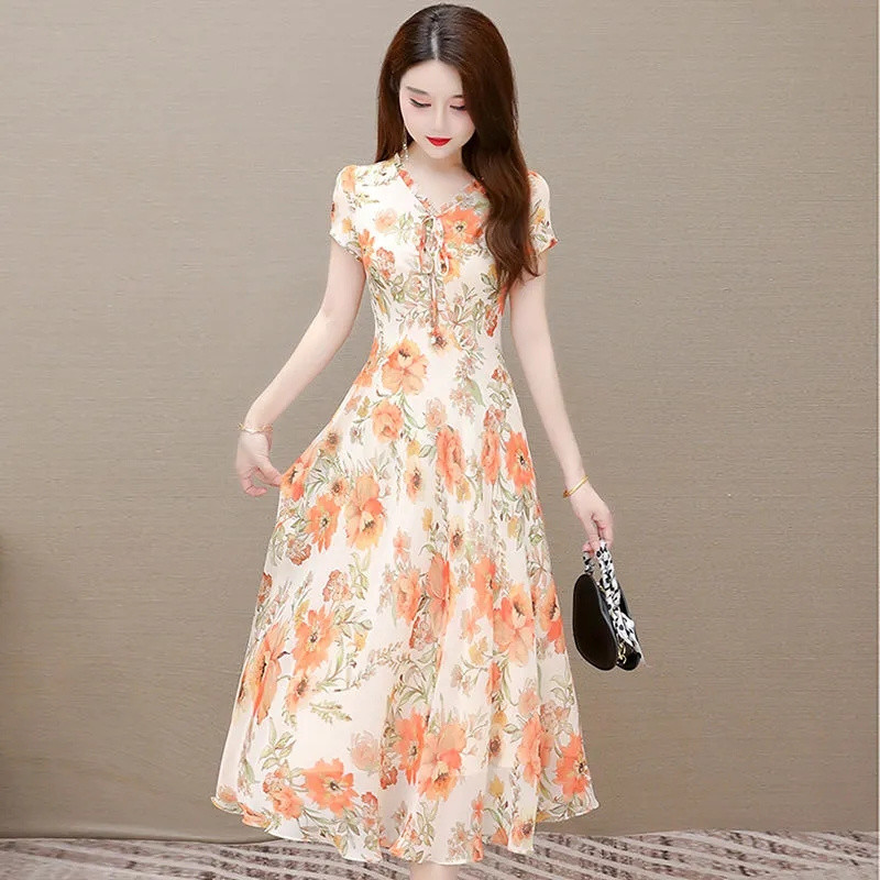 Καλοκαιρινό μακρύ φόρεμα σιφόν 2024 Casual Floral φόρεμα πάρτι Κομψά νεράιδα φορέματα με κοντό μανίκι για γυναίκες Γλυκά ρούχα
