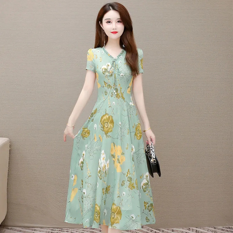 Καλοκαιρινό μακρύ φόρεμα σιφόν 2024 Casual Floral φόρεμα πάρτι Κομψά νεράιδα φορέματα με κοντό μανίκι για γυναίκες Γλυκά ρούχα