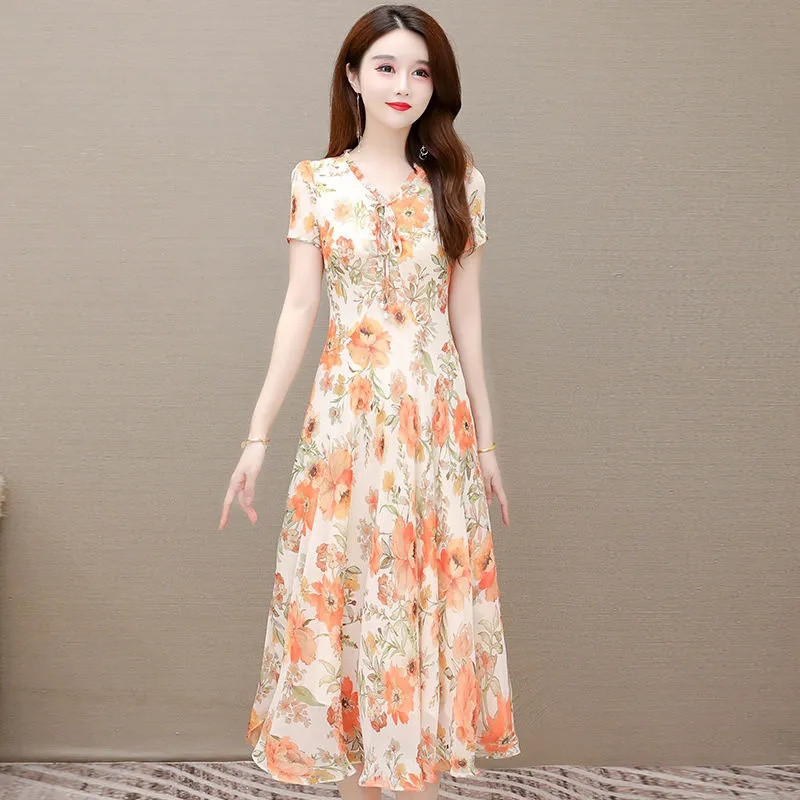 Καλοκαιρινό μακρύ φόρεμα σιφόν 2024 Casual Floral φόρεμα πάρτι Κομψά νεράιδα φορέματα με κοντό μανίκι για γυναίκες Γλυκά ρούχα