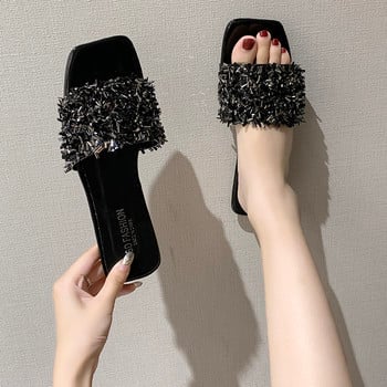 Дамски чехли 2022 г. Голям размер Bling Дамски чехли с кристали Плоски чехли Дамски модни сандали Плажни обувки с отворени пръсти Дамски