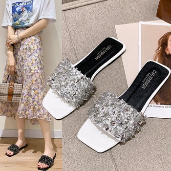 Дамски чехли 2022 г. Голям размер Bling Дамски чехли с кристали Плоски чехли Дамски модни сандали Плажни обувки с отворени пръсти Дамски
