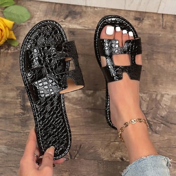 2024 Нови модни дамски летни обувки Крокодилски модел Едноцветни плоски със сандали Луксозни мулета Отвън Нехлъзгащи се гумени чехли