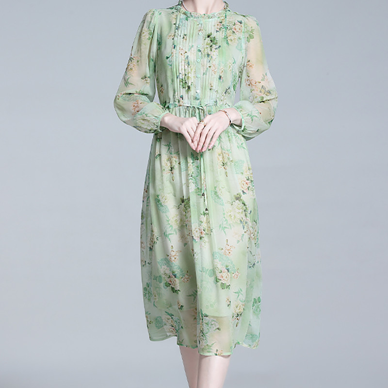EVNISI Summer Women šiks, zaļš, ziedu apdruka šifona kleita Eleganta dabīgā zīda volāni pasaku kleitas Sieviešu ballīte Vestido 2024