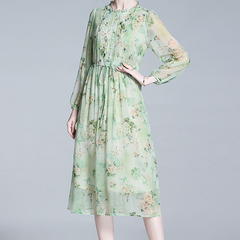 EVNISI Summer Women šiks, zaļš, ziedu apdruka šifona kleita Eleganta dabīgā zīda volāni pasaku kleitas Sieviešu ballīte Vestido 2024