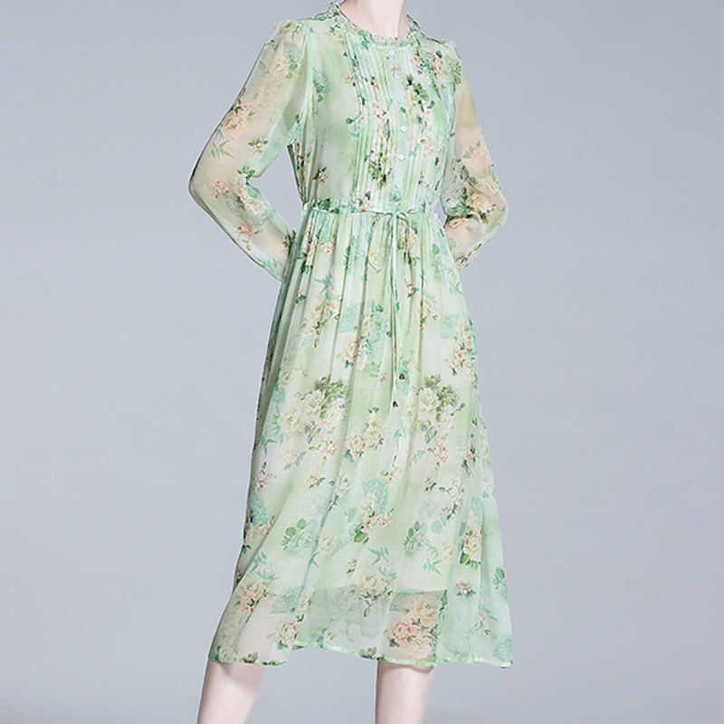 EVNISI Summer Women šiks, zaļš, ziedu apdruka šifona kleita Eleganta dabīgā zīda volāni pasaku kleitas Sieviešu ballīte Vestido 2024