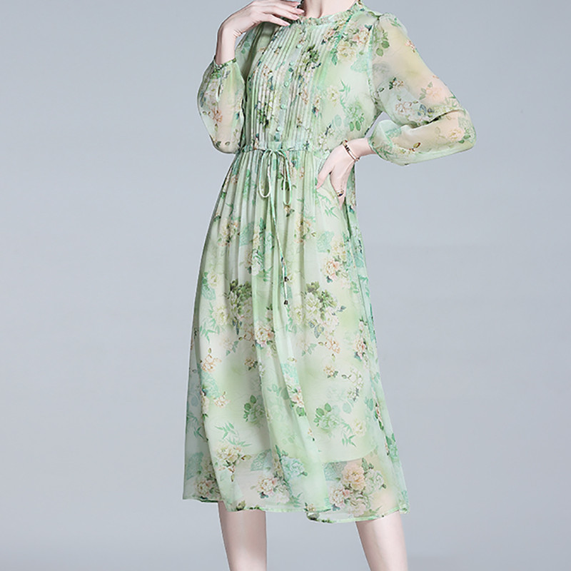 EVNISI Summer Women šiks, zaļš, ziedu apdruka šifona kleita Eleganta dabīgā zīda volāni pasaku kleitas Sieviešu ballīte Vestido 2024