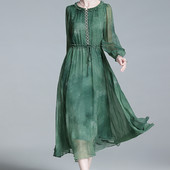 EVNISI Sieviešu šiks kaklasaites krāsas šifona kleita ar pūšām piedurknēm dabīgā zīda Elegantas A-līnijas kleitas Sieviešu biroja pasakas brīvs Vestido vasara