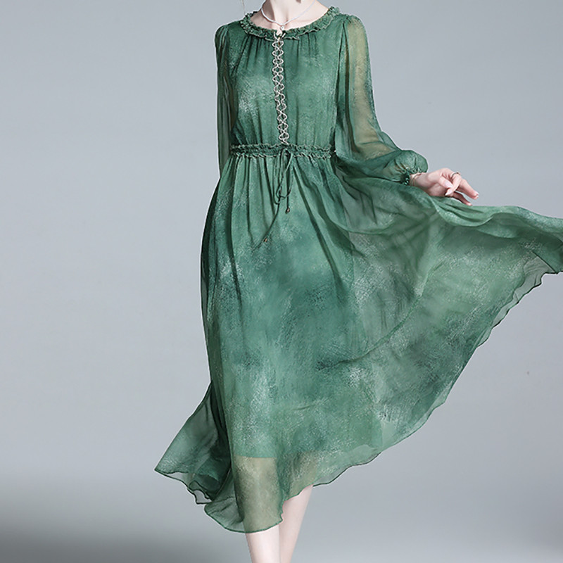 EVNISI Sieviešu šiks kaklasaites krāsas šifona kleita ar pūšām piedurknēm dabīgā zīda Elegantas A-līnijas kleitas Sieviešu biroja pasakas brīvs Vestido vasara