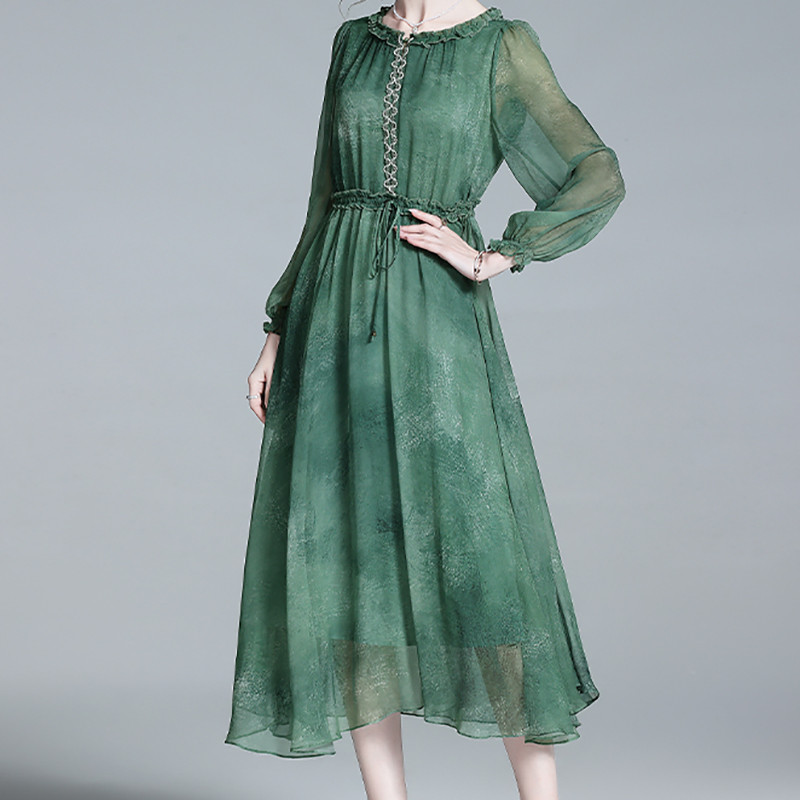 EVNISI Sieviešu šiks kaklasaites krāsas šifona kleita ar pūšām piedurknēm dabīgā zīda Elegantas A-līnijas kleitas Sieviešu biroja pasakas brīvs Vestido vasara