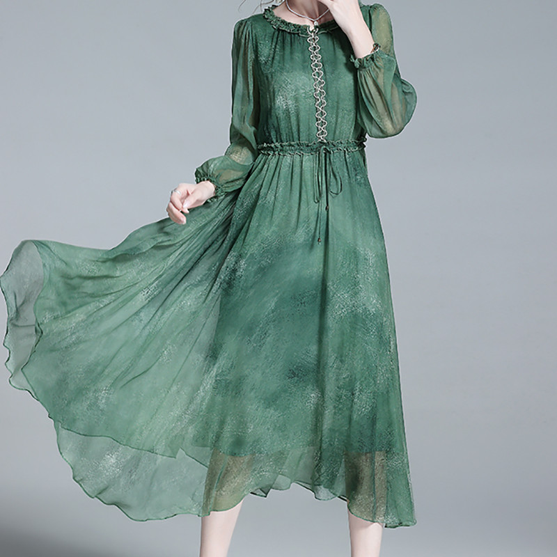 EVNISI Sieviešu šiks kaklasaites krāsas šifona kleita ar pūšām piedurknēm dabīgā zīda Elegantas A-līnijas kleitas Sieviešu biroja pasakas brīvs Vestido vasara