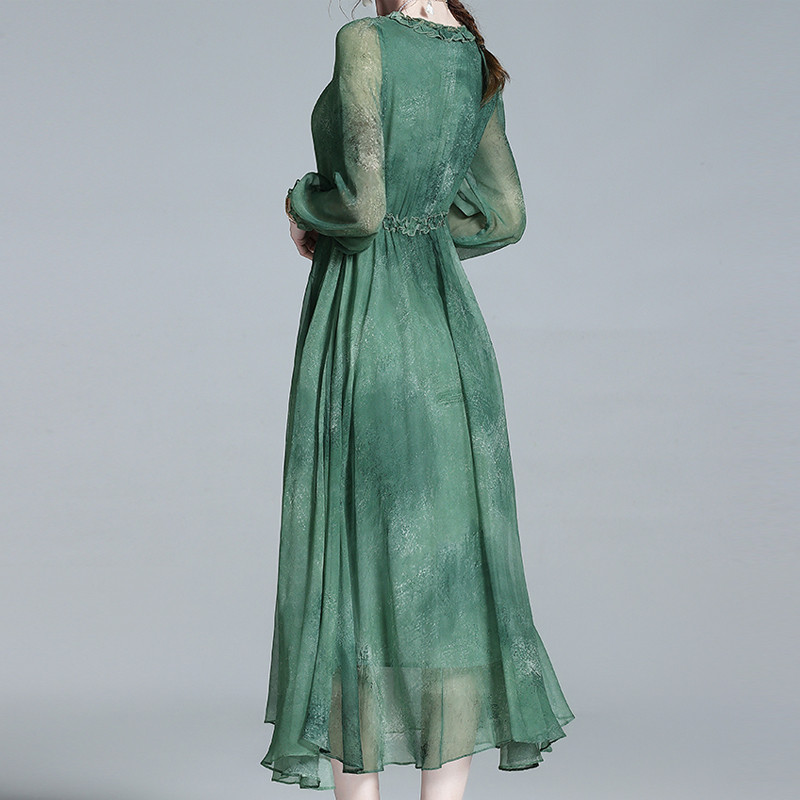 EVNISI Sieviešu šiks kaklasaites krāsas šifona kleita ar pūšām piedurknēm dabīgā zīda Elegantas A-līnijas kleitas Sieviešu biroja pasakas brīvs Vestido vasara