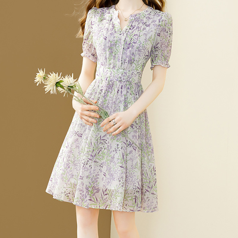 EVNISI Rochii de vară pentru femei cu decolteu în V șic Office Zână Rochii în linie A, elegantă, cu imprimeu floral, rochie din șifon pentru femei, subțire, mov, pentru petrecere