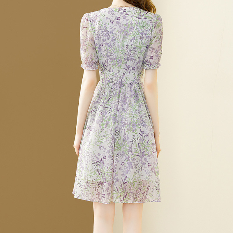 EVNISI Rochii de vară pentru femei cu decolteu în V șic Office Zână Rochii în linie A, elegantă, cu imprimeu floral, rochie din șifon pentru femei, subțire, mov, pentru petrecere