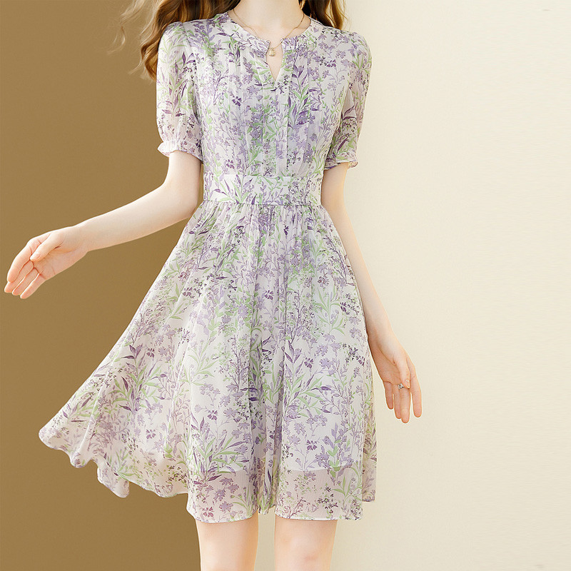 EVNISI Rochii de vară pentru femei cu decolteu în V șic Office Zână Rochii în linie A, elegantă, cu imprimeu floral, rochie din șifon pentru femei, subțire, mov, pentru petrecere