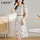 Rochie midi de vară cu decolteu în V, la modă elegantă, cu imprimeu floral