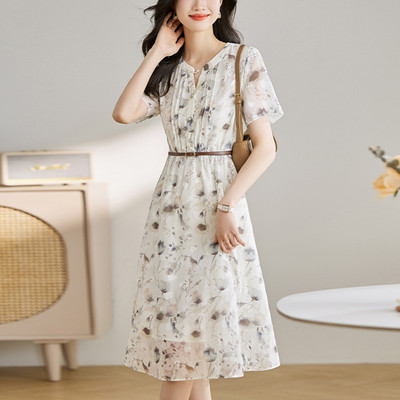 Rochie midi de vară cu decolteu în V, la modă elegantă, cu imprimeu floral