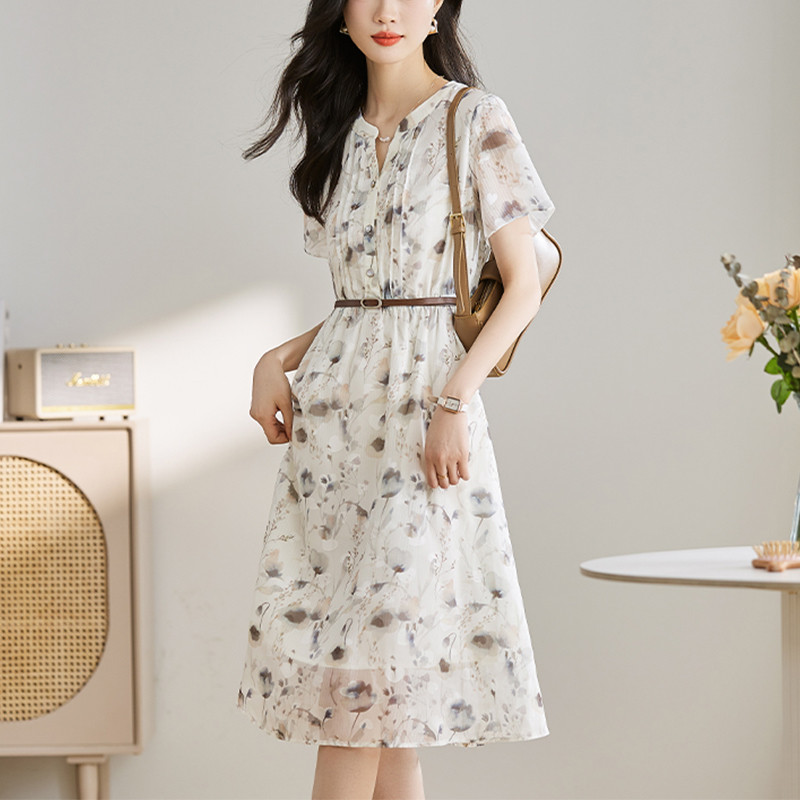 Rochie midi de vară cu decolteu în V, la modă elegantă, cu imprimeu floral