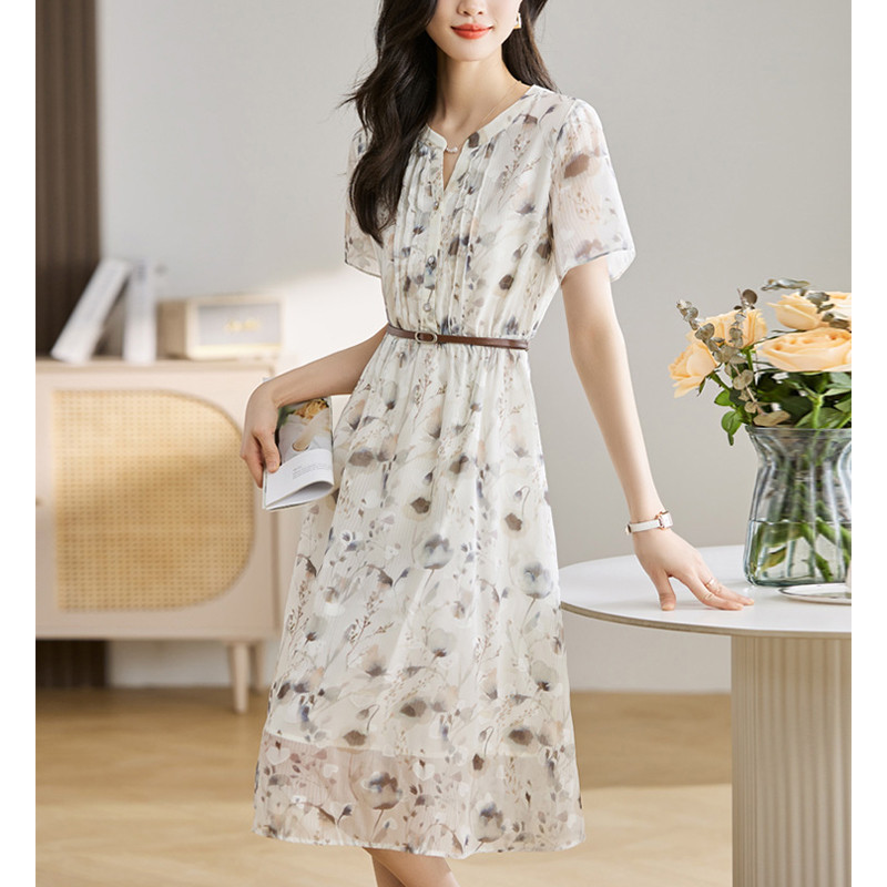 Rochie midi de vară cu decolteu în V, la modă elegantă, cu imprimeu floral