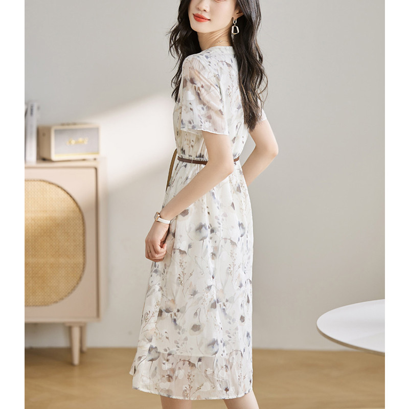 Rochie midi de vară cu decolteu în V, la modă elegantă, cu imprimeu floral