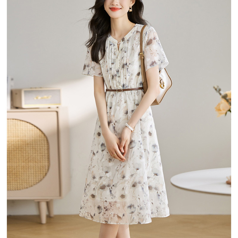 Rochie midi de vară cu decolteu în V, la modă elegantă, cu imprimeu floral