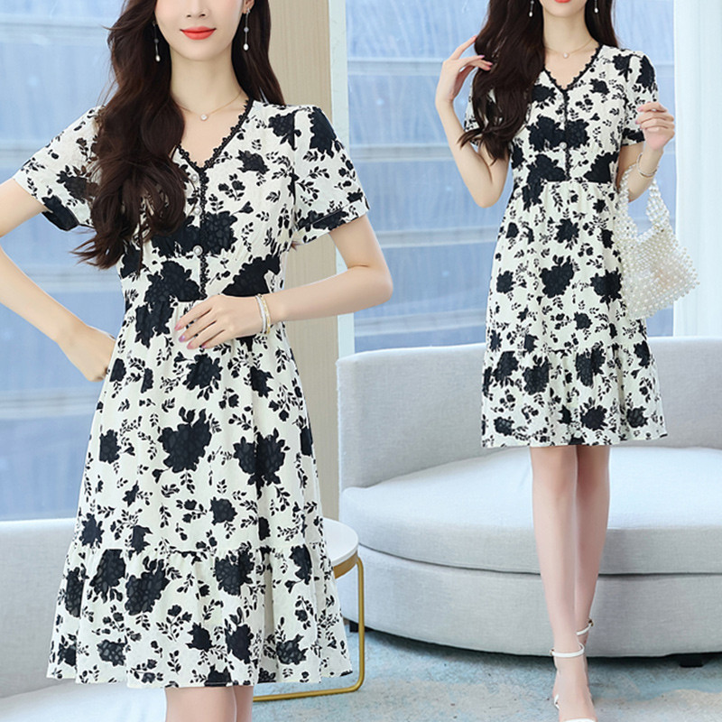 Καλοκαιρινή νέα κομψή μόδα vintage floral εκτύπωση μέση Vestido Γυναικεία κοντό μανίκια ιδιοσυγκρασία Ρόμπα Femme Slim Casual Midi Dess