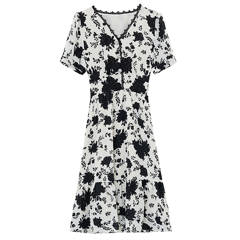 Καλοκαιρινή νέα κομψή μόδα vintage floral εκτύπωση μέση Vestido Γυναικεία κοντό μανίκια ιδιοσυγκρασία Ρόμπα Femme Slim Casual Midi Dess