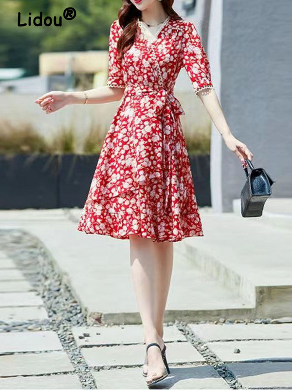 Rochie midi subțire cu șireturi cu imprimare florală, rochii șic cu volan, elegant, vară, decolteu în V, damă de birou, modă, nou,