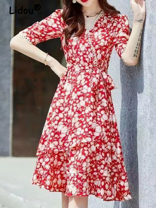 Rochie midi subțire cu șireturi cu imprimare florală, rochii șic cu volan, elegant, vară, decolteu în V, damă de birou, modă, nou,