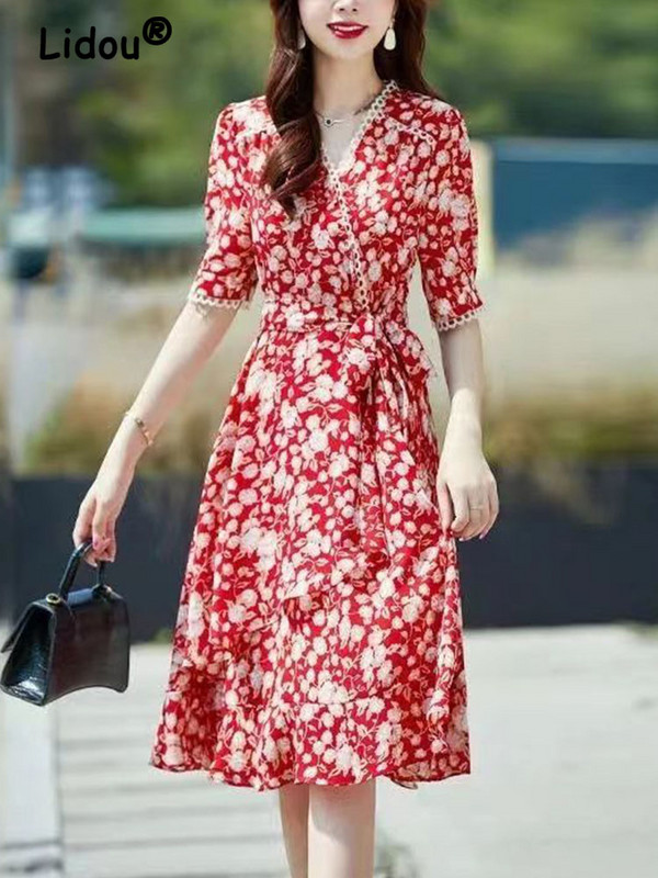 Rochie midi subțire cu șireturi cu imprimare florală, rochii șic cu volan, elegant, vară, decolteu în V, damă de birou, modă, nou,
