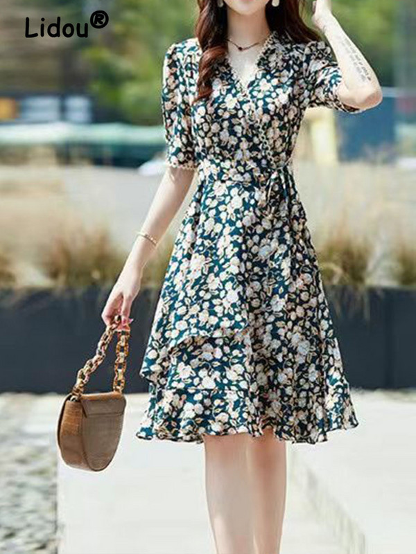Rochie midi subțire cu șireturi cu imprimare florală, rochii șic cu volan, elegant, vară, decolteu în V, damă de birou, modă, nou,