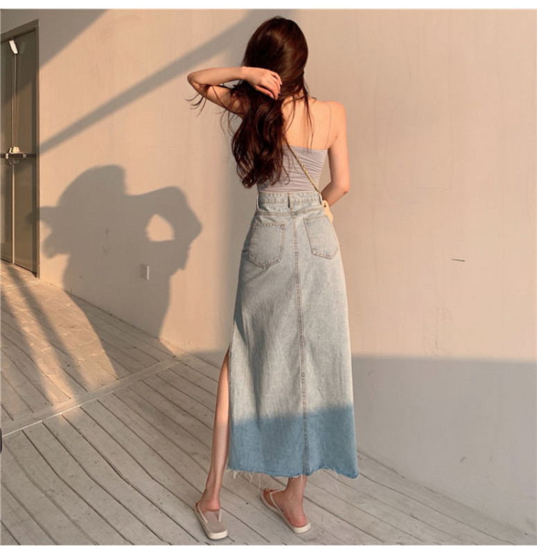 2023. aasta sügisene maksiteksaseelik Naiste teksapüksid, pikad seelikud naistele, pikad Korea suve vintage maksiseelik Seksikas küljelt lõhestatud teksaseelik