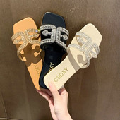 Papuci plati cu strass pentru femei, cu design de lux, 2024, papuci de doamnă la modă în aer liber, pantofi confortabili pentru petrecere, pe plajă