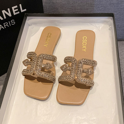 Papuci plati cu strass pentru femei, cu design de lux, 2024, papuci de doamnă la modă în aer liber, pantofi confortabili pentru petrecere, pe plajă