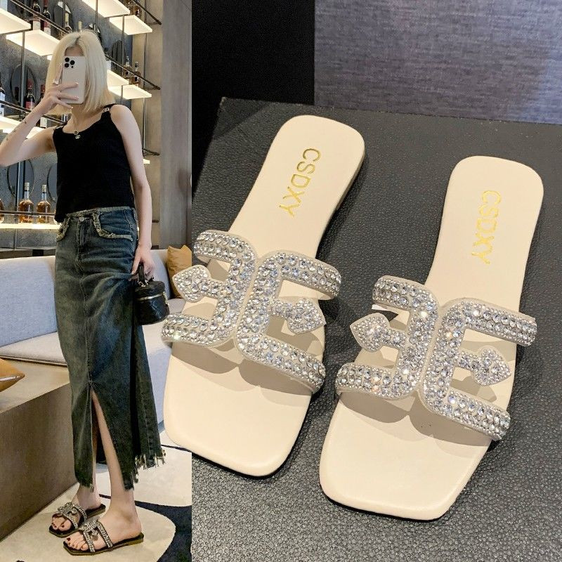 Papuci plati cu strass pentru femei, cu design de lux, 2024, papuci de doamnă la modă în aer liber, pantofi confortabili pentru petrecere, pe plajă