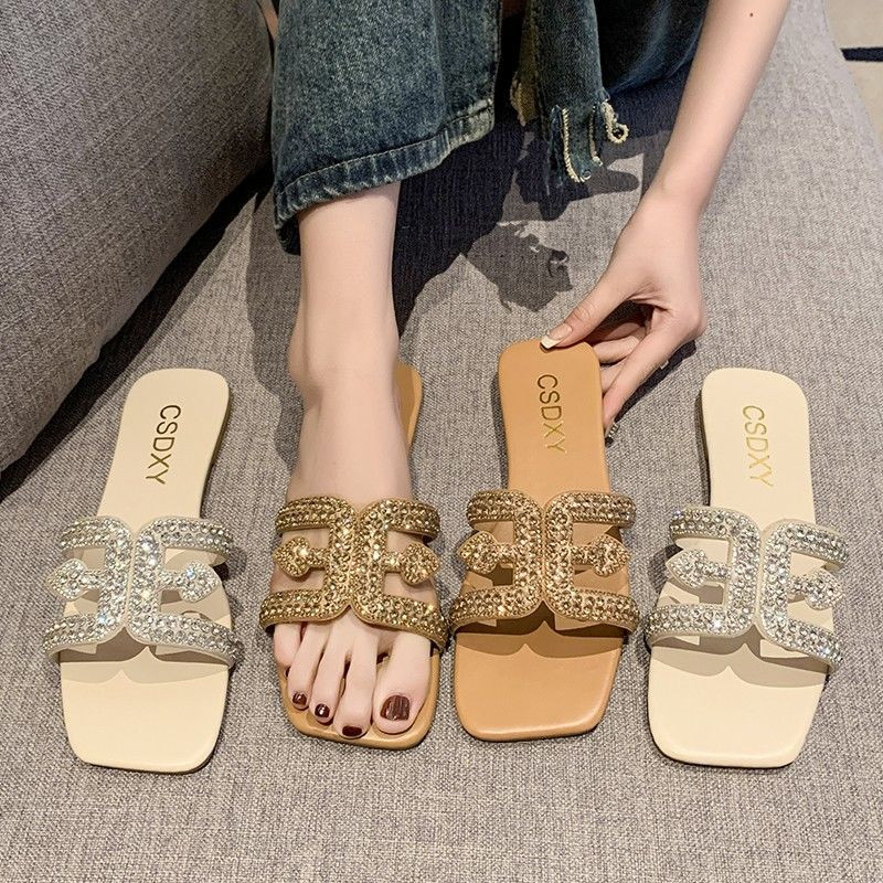 Papuci plati cu strass pentru femei, cu design de lux, 2024, papuci de doamnă la modă în aer liber, pantofi confortabili pentru petrecere, pe plajă