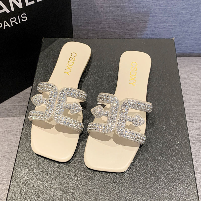 Papuci plati cu strass pentru femei, cu design de lux, 2024, papuci de doamnă la modă în aer liber, pantofi confortabili pentru petrecere, pe plajă