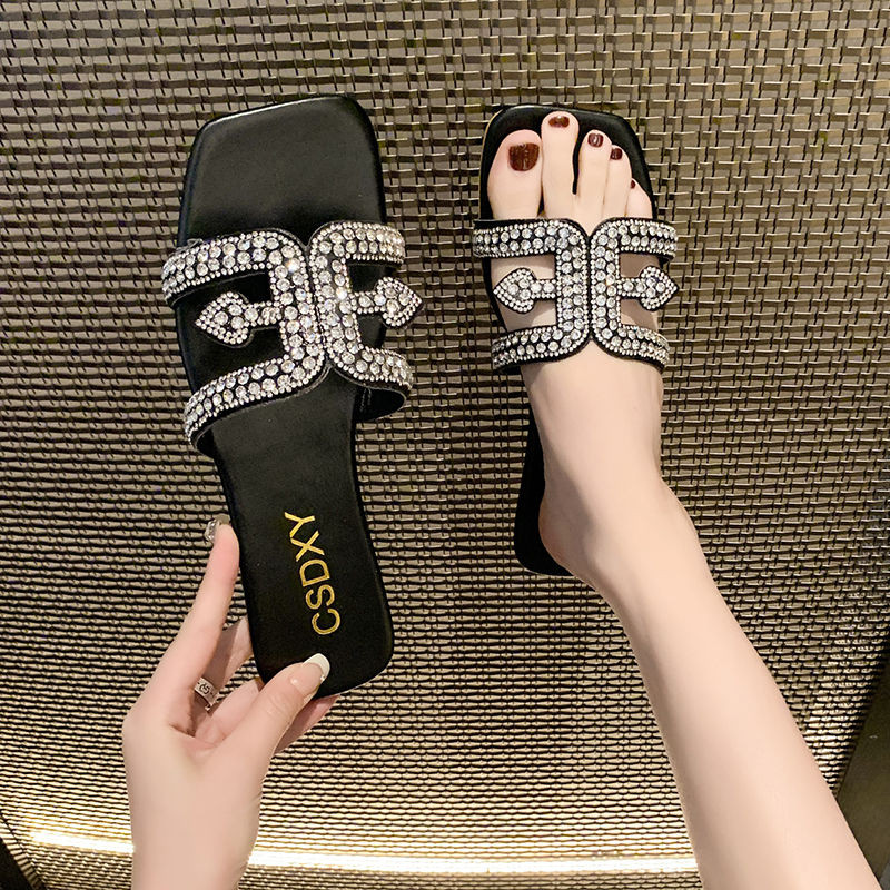 Papuci plati cu strass pentru femei, cu design de lux, 2024, papuci de doamnă la modă în aer liber, pantofi confortabili pentru petrecere, pe plajă