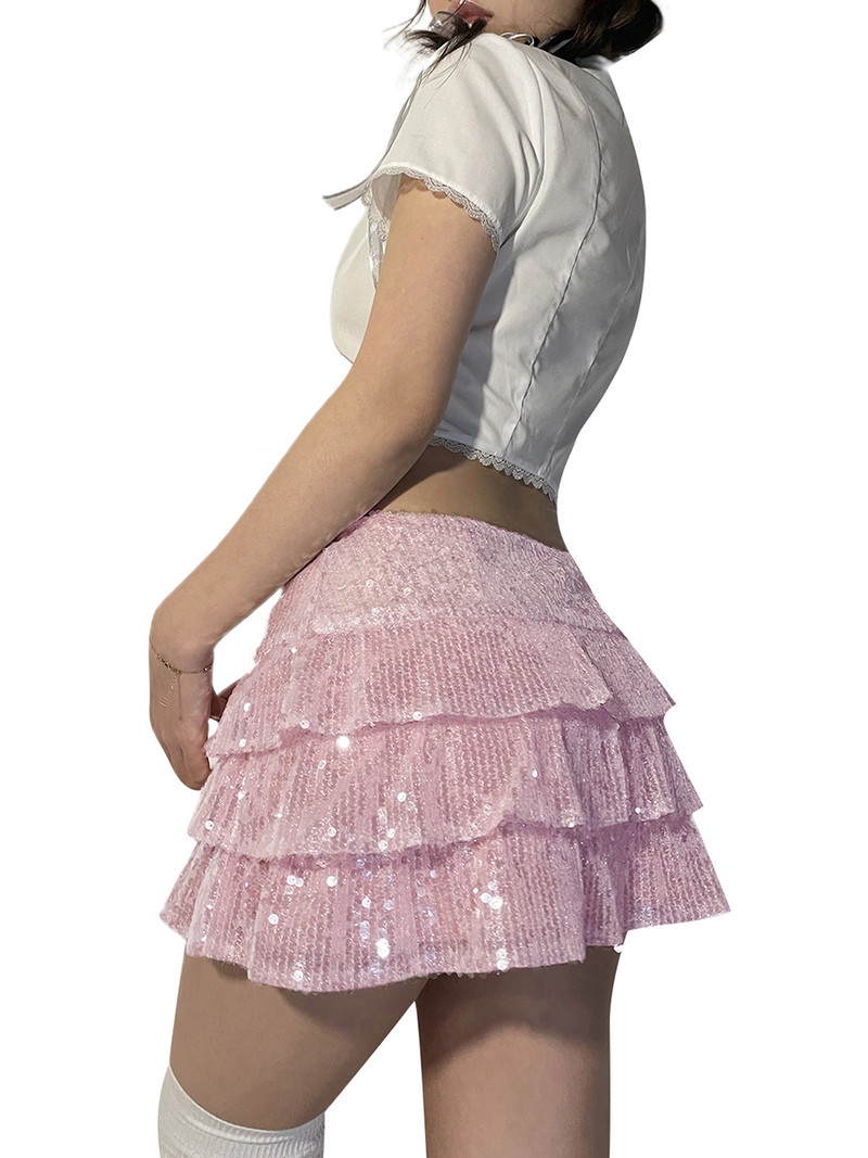 Γυναικεία μίνι φούστα με βολάν για το καλοκαίρι Μόδα ροζ βολάν με στρώσεις Streetwear Ψηλόμεση κοντή φούστα με πούλιες
